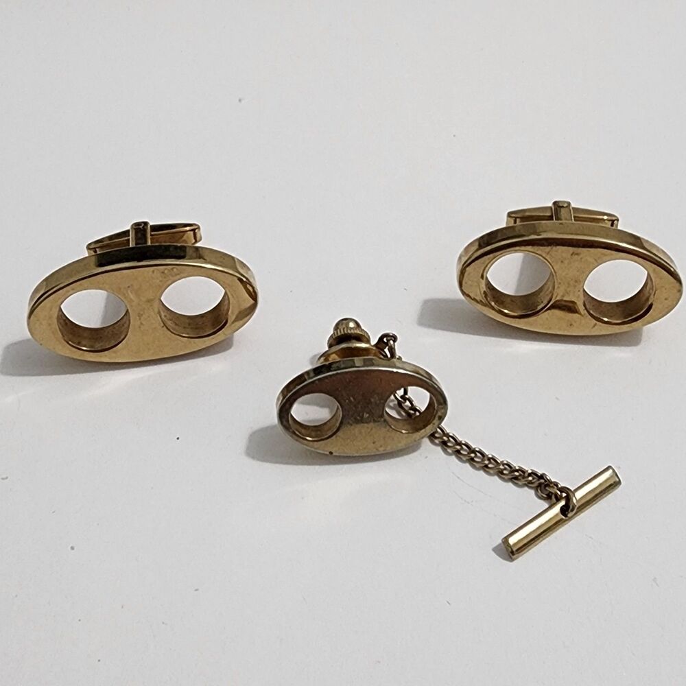 VTG Sarah Coventry Goldtone Cuff Links & Tie Tac Set Mid Century Modern Rare
